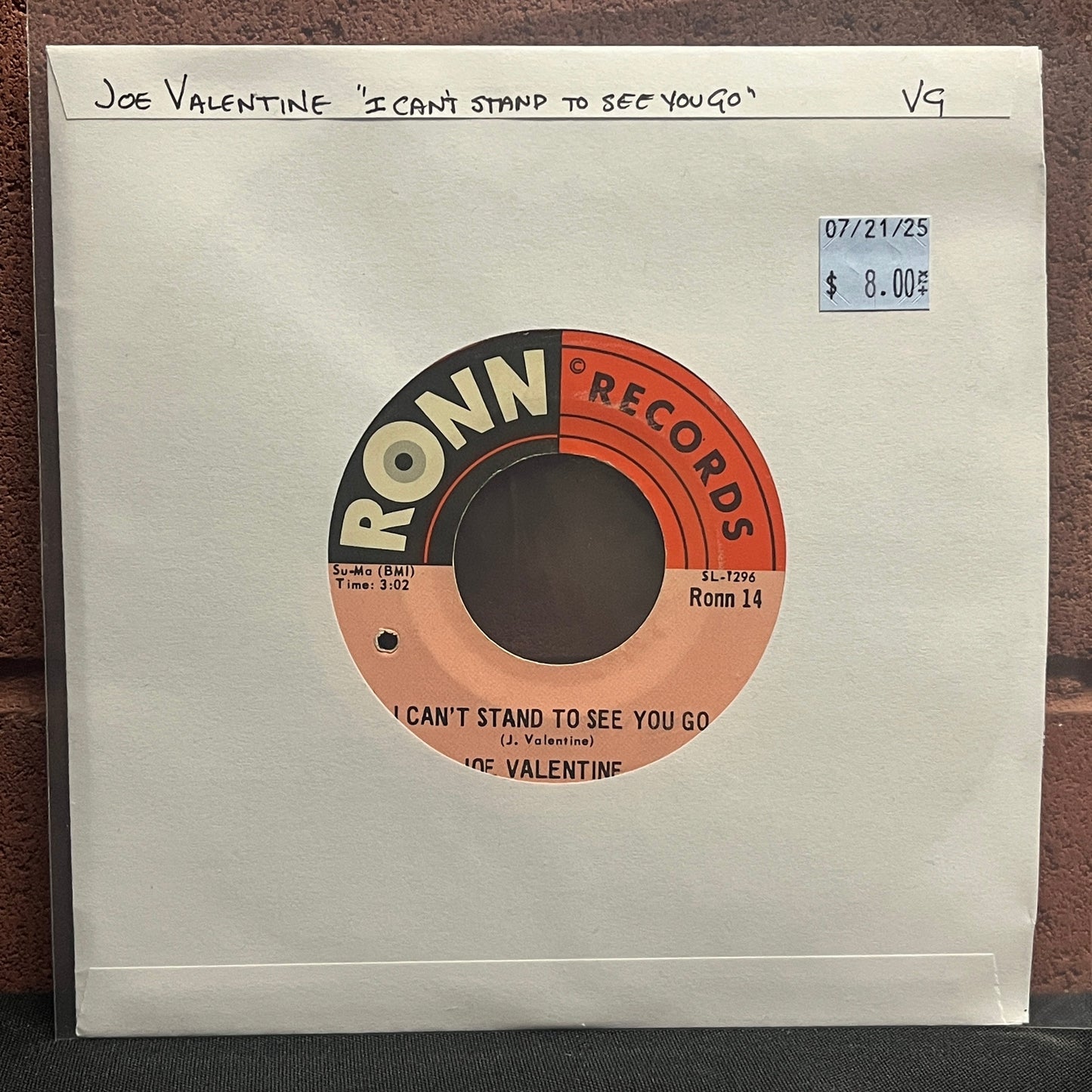 Used Vinyl: Joe Valentine "I Can't Stand To See You Go" 7"