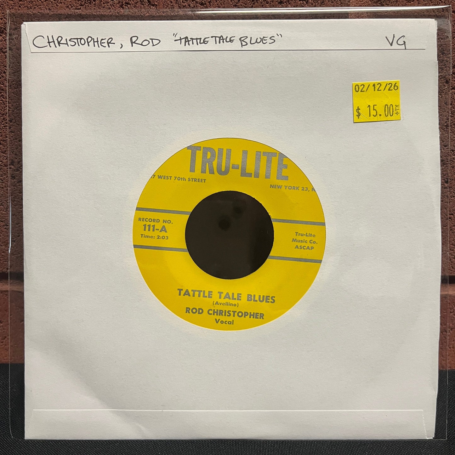 Used Vinyl: Rod Christopher "Tattle Tale Blues" 7" (1962 pressing)