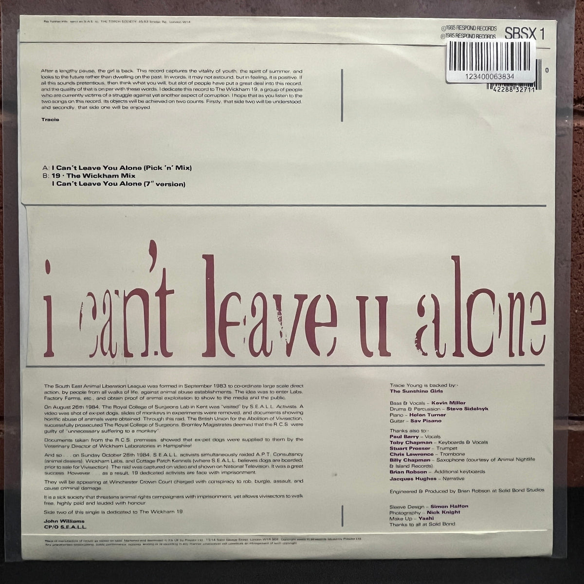 Used Vinyl: Tracie Young ‎"I Can't Leave You Alone" 12" (1985 UK Press)