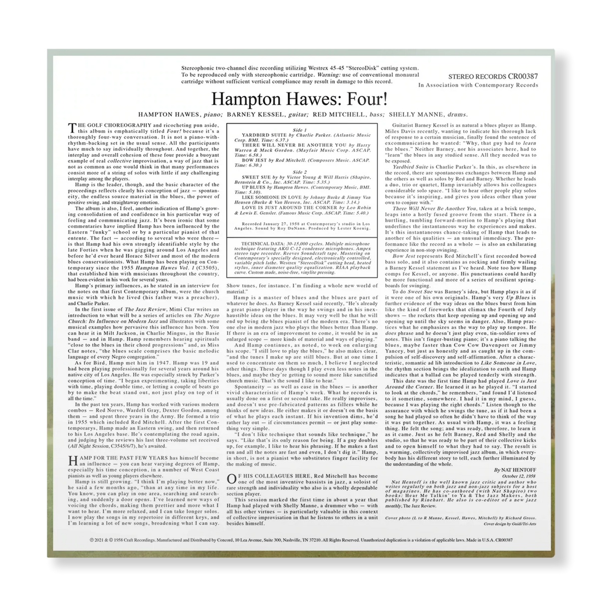 Hampton Hawes - Four! With Barney Kessel, Shelly Manne & Red Mitchell - Contemporary LP